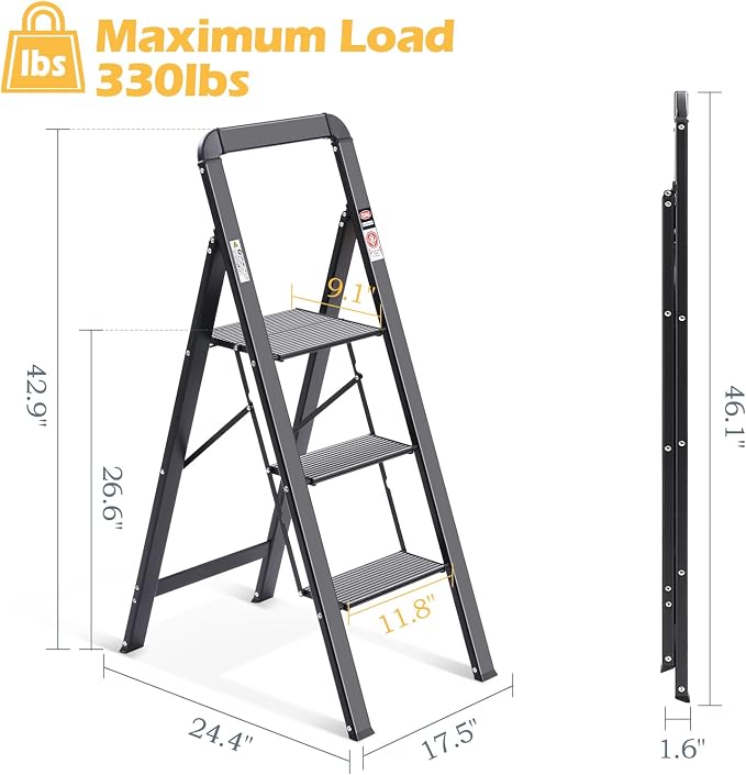 KINGRACK Aluminium 3 Step Ladder, Lightweight Step Stool with Non-Slip Pedals, Handrail, 330 LBS Foldable Step Ladder for Kitchen, Garage, Home, Space Saving, Sturdy and Portable, Black - Image 7