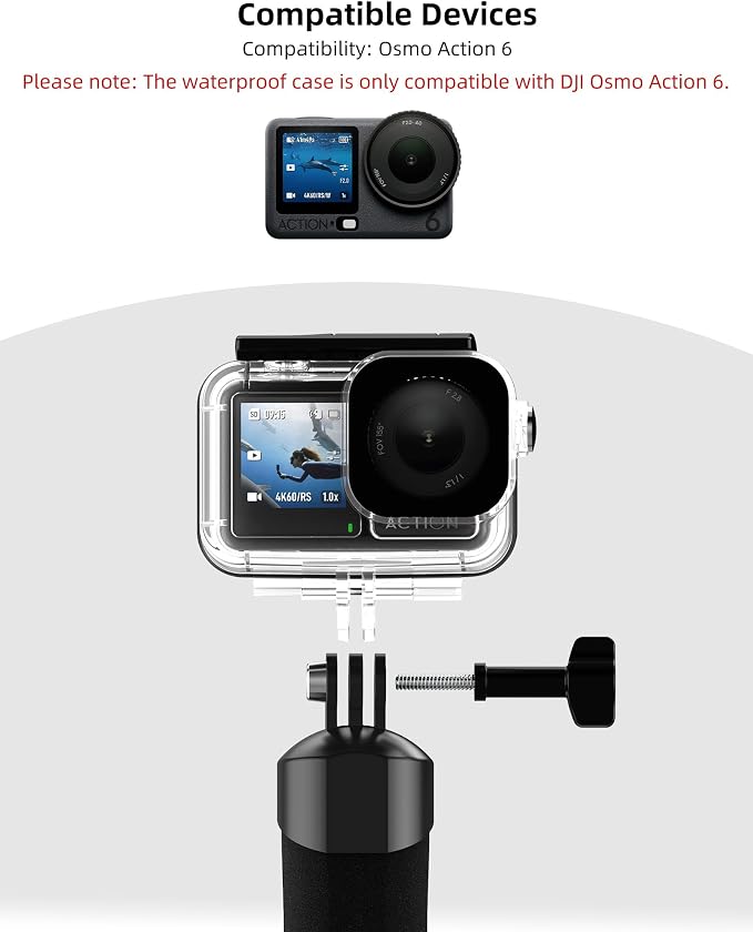 Osmo Action 6 Waterproof Case + Floating Stick for DJI Osmo Action 6 Camera | Protective Housing Shell Cage/Underwater Handle Grip/Monopod/Diving Accessory Kit for Scuba, Snorkeling, Water Shooting - Image 2