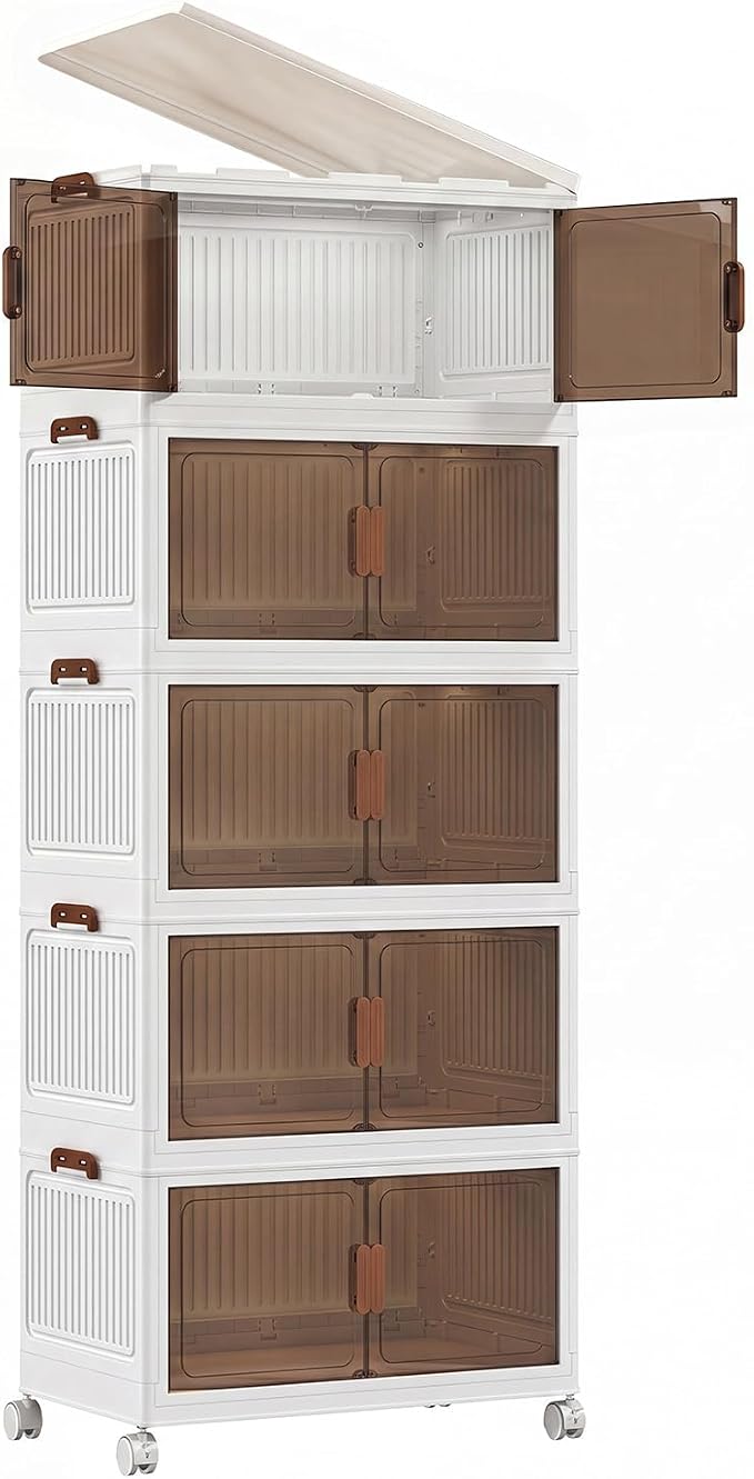 275QT Stackable Storage Bins With Lids, Collapsible Plastic Storage Bins with Wheels and Doors, Foldable Plastic Cabinets for Bedroom Dorm Garage by Unknown