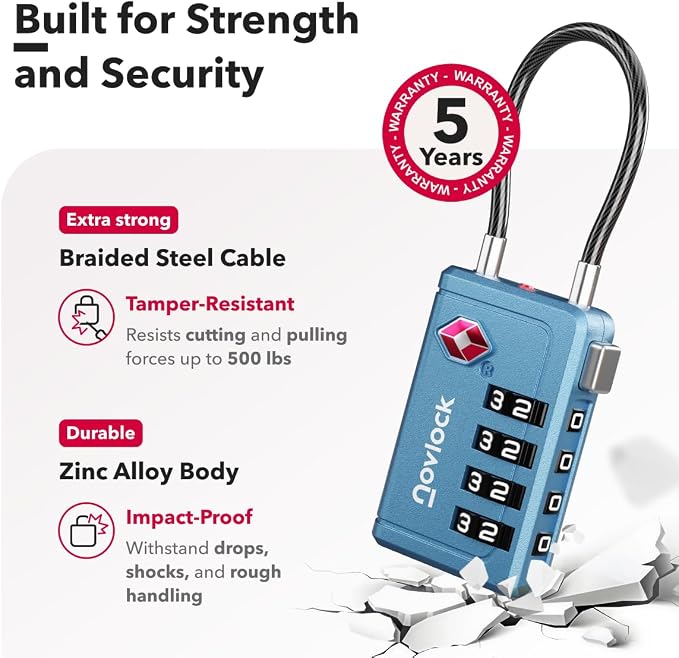 TSA Approved Luggage Locks, Travel Locks with Inspection Indicator | TSA008, Easy to Read Dials, 4 Digit Combination, Flexible Steel Cable, for Suitcases, Backpacks, Bags, 2-Pack, Blue - Image 4