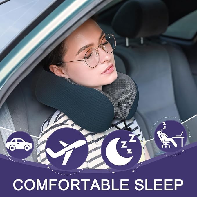 napfun Neck Pillow for Travel with Travel Pouch, Sleep Mask & Earplugs, Memory Foam Airplane Pillow for Headrest Sleep with Eyeshades, Plane Essentials with Eye Blindfold, Deep Blue Striped Kit - Image 2