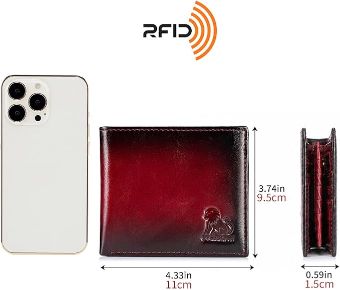 Men's Cowhide Leather RFID Wallet, Slim Bifold (Red) | 2 Clear ID Windows, 10 Card Slots, Zipper Coin Pocket, Gradient Finish for Business, Travel, Daily Carry and Gifts - Image 3