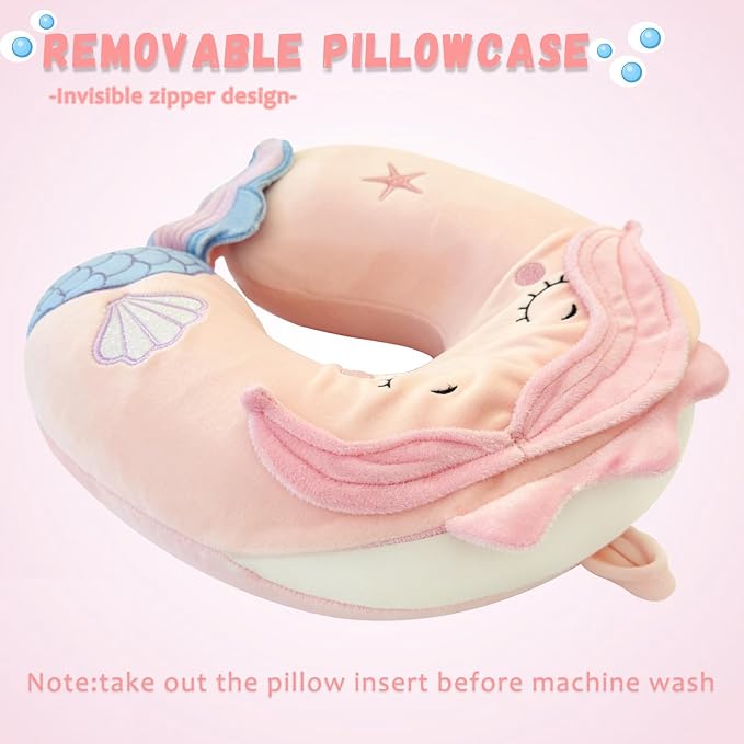 Travel Pillow, Travel Accessories for Car Airplane Traveling, Soft Memory Foam Kids Travel Pillow with Sleep Eye Mask Kids Neck Pillow for Boys & Girls - Cute Pink Mermaid - Image 4