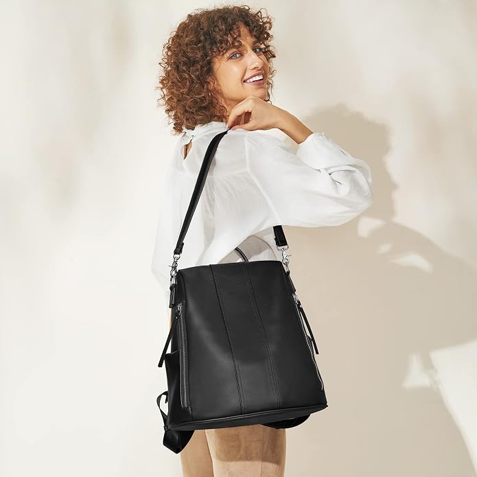 S-ZONE Leather Backpack Purses for Women Antitheft Rucksack Shoulder Bag Medium | Genuine Leather, Medium Fits 9.7-inch Tablet, for Work Travel Daily Commute, Multi Pockets, Adjustable Dual Straps - Image 8