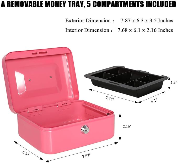 Jssmst Small Cash Box with Key Lock - Durable Metal Cash Box with Money Tray Pink, CB0104M - Image 2