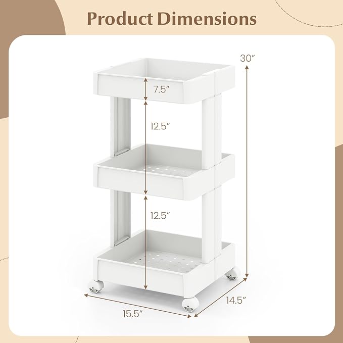 Giantex 3-Tier Rolling Storage Cart, Slide Out Plastic Organizer Rack with Wheels, Mobile Utility Cart w/Shelving Unit for Kitchen, Bathroom, Office, Laundry Room,15.5"x14.5"x30" - Image 3