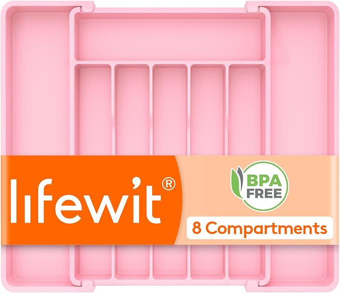 Lifewit Expandable Silverware Drawer Organizer, Kitchen Utensil Tray | BPA-free Plastic Flatware Cutlery Holder, Space-Saving Storage for Spoons Forks Knives, 11-18 x 14 x 1.5“, Pink by Lifewit
