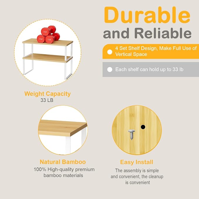 OGEMXU Cabinet Shelf Organizers, 15.7 inches Large Kitchen Counter Shelf, Set of 4 Wood Kitchen Pantry Organizer, Storage Shelves for Countertop, Spice Rack, Stackable, Expandable, Metal White, Nature - Image 5