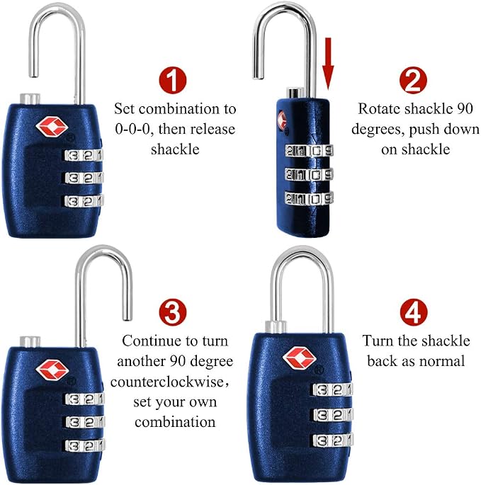 DanziX TSA Approved Lock and 4 Colors Stainless Steel Safety Tether，3-Dial Combination Travel Luggage Lock with Lanyard Security Cable for Protect Your Different Sizes of Suitcase,Baggage-Deep Blue - Image 4