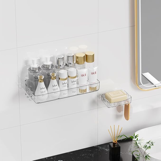 Crystal-Clear Shower Caddy with Soap Dish & Adhesive Pads, 2 Pack | Acrylic Wall Mounted Shower Shelves for Bathroom Organizers and Storage, No Drill for Bathroom Decor - Image 6
