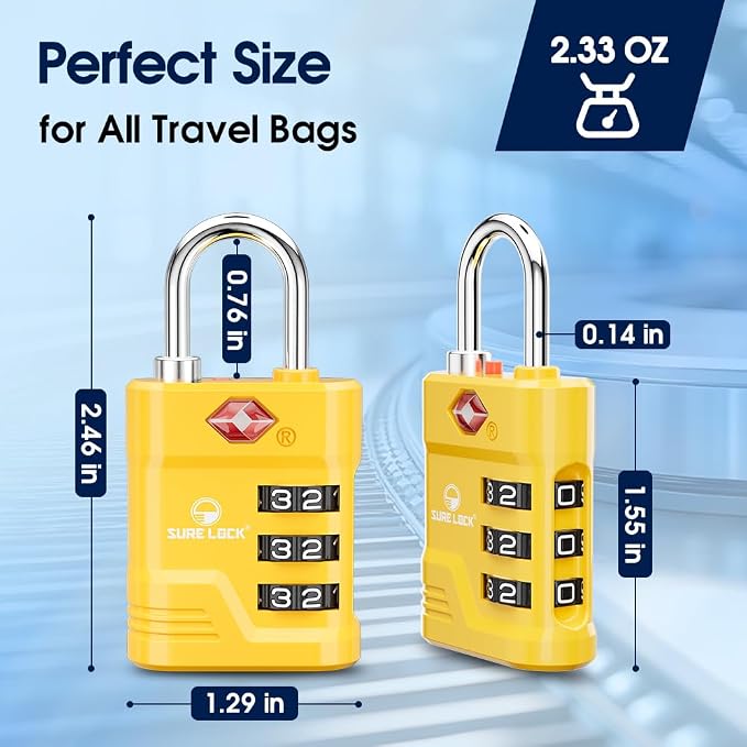 SURE LOCK TSA Approved Luggage Lock – 3-Digit Resettable Combination Padlock with Open Alert Red Dot, Large Easy-Read Dials for Suitcases, Backpacks, Gym & School Lockers(Yellow 1 pk) - Image 6