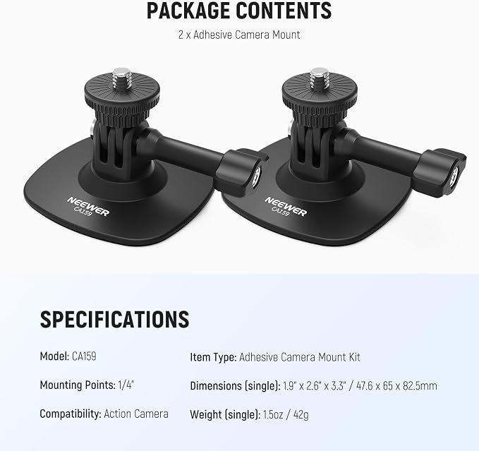 NEEWER Adhesive Mount 2 Pack Compatible with Insta 360 GoPro DJI AKASO Action Camera, 180° Flexible Car Helmet Holder Base Adapter for POV Video Recording Live Streaming, for 1/4" Accessories, CA159 - Image 7