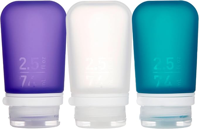 humangear GoToob+ 3-Pack, Medium (2.5 fl oz), Clear/Purple/Teal | Refillable & Leak-Proof Silicone Travel Size Bottles with Locking Cap for Toiletries, Camping & TSA Carry-On by humangear