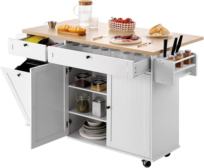 VEVOR Kitchen Island Cart with Storage, 60in Wide Mobile Kitchen Cart with Wheels, Drop Leaf, 2 Drawers, Trash Can Cabinet, Knife Holder, Spice Rack, and Towel Rack, Table for Dining Room, Pantry - Image 9