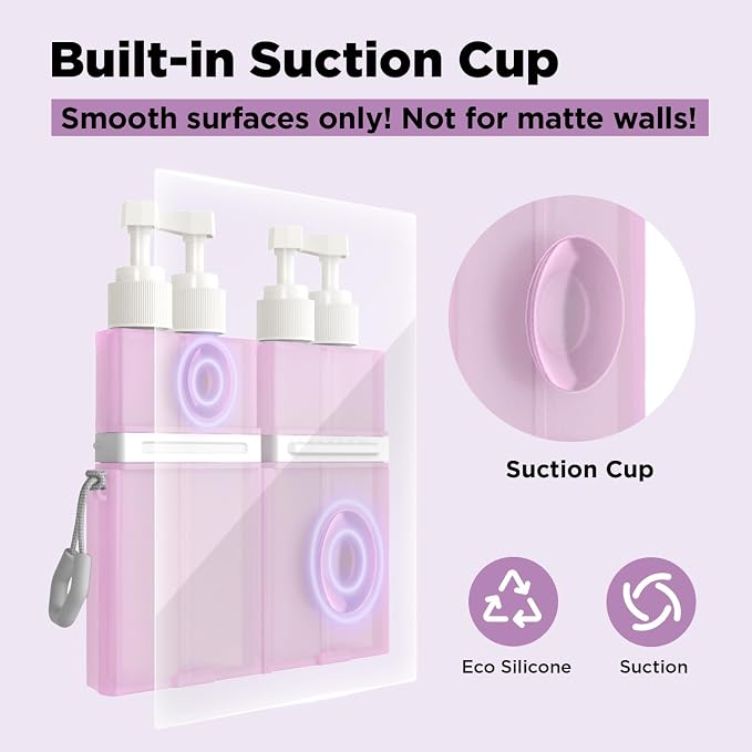 4 in 1 Travel Toiletry Containers,TSA Approved Refillable Travel Size Toiletries Bottles Set with Suction Cup for Smooth Walls - for Shampoo,Conditioner,Body Wash,Lotion.(Pink) - Image 2