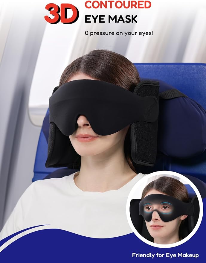 Travel Pillow for Airplanes Head Strap Support, 3D Eye Mask | 360 Airline Sleep Support Headrest Pillow No Bobbing Head Sleeping Aid Travel Essentials Long Flights/Car/Trip Faded Blue - Image 6