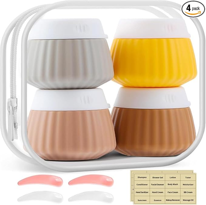 4 Pack Travel Size Silicone Cream Containers, Leak Proof Refillable Toiletry Bottles for Toiletries with 4 Scoops, Labels and Clear Bag, Suitable for Travel Shampoo and Conditioner Bottles (B) by Udihch