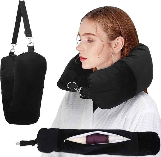 Stuffable Neck Pillow for Travel, Packable Neck Pillow (Black) | Velvet cover, Stuff with clothes to save luggage space, No extra baggage fees, Fits 5+ days travel essentials, Zipper closure by NK+HealthCare