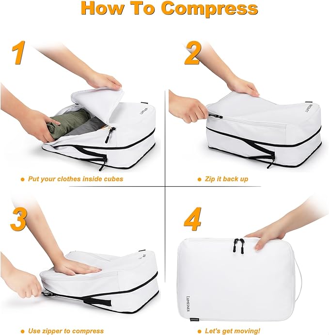 Compression Packing Cubes, Lumesner 8 Set Travel Packing Cubes for Carry on Suitcases, Compression Suitcase Organizers Bag Set & Travel Cubes(8-piece, White) - Image 4