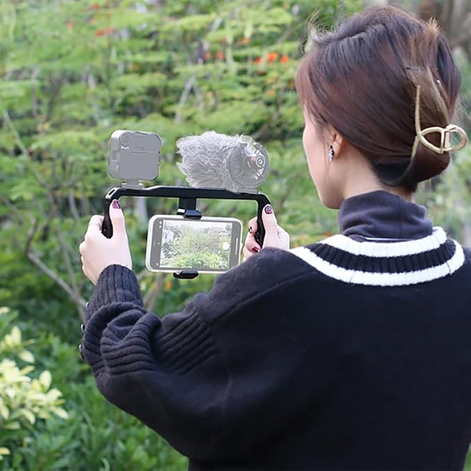 Universal Smartphone Cage Video Rig with Dual Handles Cold Shoe Mount Adapter Compatible with LED Light,Microphone (Black) - Image 7
