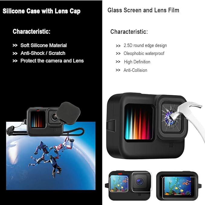 Accessories Kit for Gopro Hero 13 12 11 10 9 Black Waterproof Housing Silicone Case Glass Screen Protector Bundle for Go pro Gopro13 Gopro12 Gopro11 Gopro10 Hero13 Hero12 Hero11 Hero10 Camera 62E - Image 5