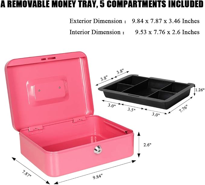 Jssmst Cash Box with Tray - Pink Money Box with Key Lock, Money Saving Box Lock Box, 9.84'' x 7.87'' x 2.6'', SM-CB00125PK - Image 3