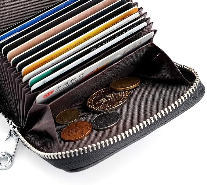 Linno RFID 20 Slots Credit Card Holder Genuine Leather Small Wallet for Women or Men with Zipper - Image 3