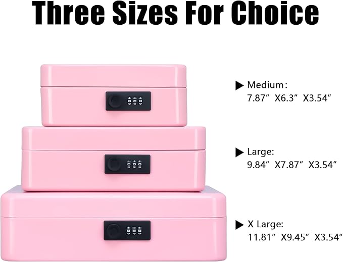 KYODOLED Metal Cash Box with Combination Lock Money Box for Cash Safe Metal Box with Money Tray for Security Lock Box 11.81"x 9.45"x 3.54" Pink X Large - Image 7