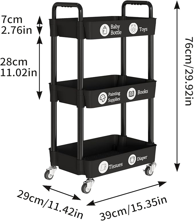 Laiensia 3-Tier Storage Carts,Multifunction Utility Rolling Cart Kitchen Storage Organizer,Mobile Shelving Unit Cart with Lockable Wheels for Bathroom,Laundry,Living Room,With Classified Sticker,Black - Image 6