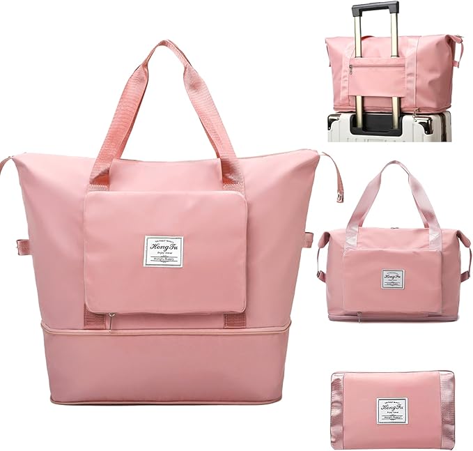 Travel Bag for Women Expandable Weekender Overnight Bag Carry on Sports Tote Gym Bag Waterproof Foldable Duffel Bag (Pink) by INVODA