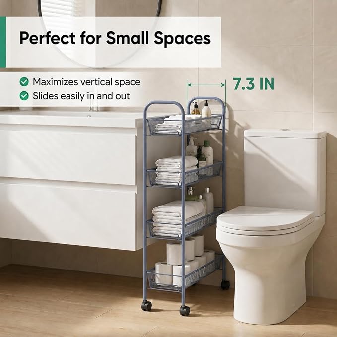 American Dream Matte Grey 4-Tier Mesh Basket Rolling Cart with Wheels Slim Metal Storage Organizer Trolley, 22.4" x 7.3" x 37.4" - Image 3