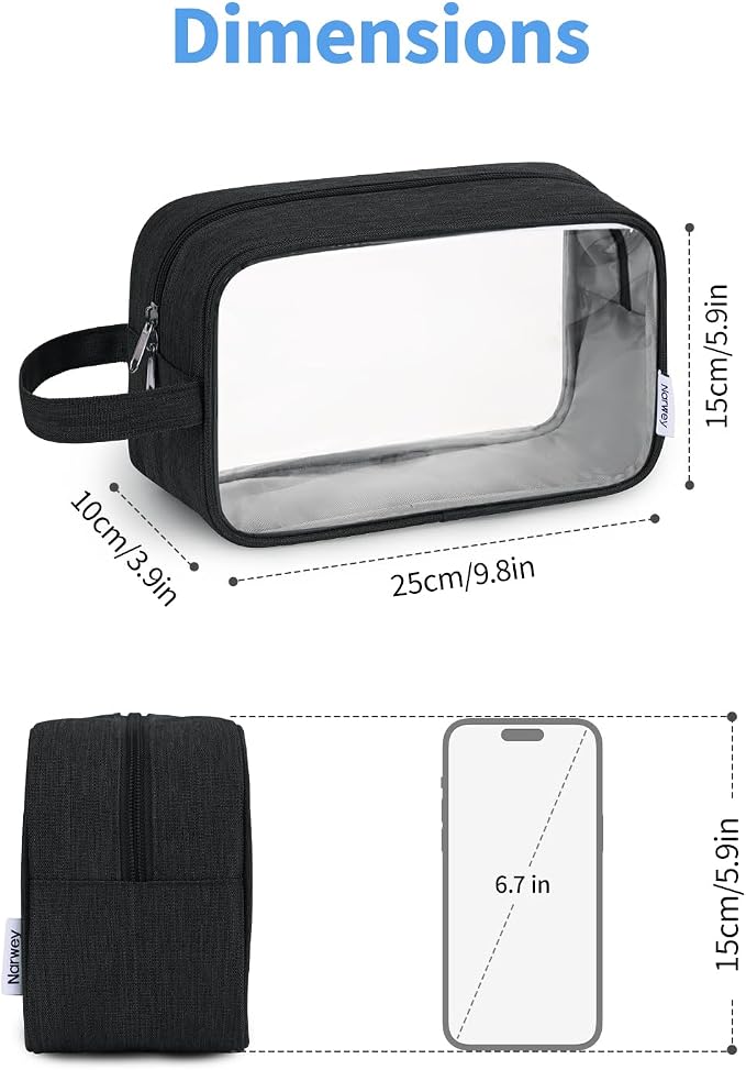 Narwey Clear Travel Toiletry Bags for Traveling Toiletries Men Women, Clear Makeup Bag Cosmetic Bag with Zipper, Make Up Pouch Organizer Bag with Handle, Skincare Beach Snack Medicine Bag, Black - Image 5