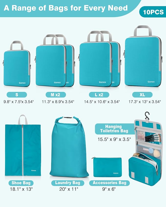 Gonex 10-Piece Compression Packing Cubes with Travel Organizer Set | Expandable Design, Hanging Toiletry Bag, Laundry Bag, Shoe Bag, Accessories Bag, Ripstop Fabric - Image 3