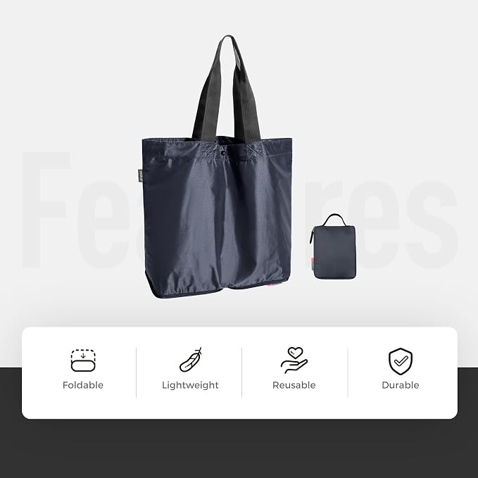 pack all 16L Lightweight Foldable Tote Bag, Reusable Grocery Shopping Bag | Ultralight, Packable, Water-Resistant, Tear Resistant Nylon, Button Closure, Compact for Travel, Work and Camping, Navy - Image 2