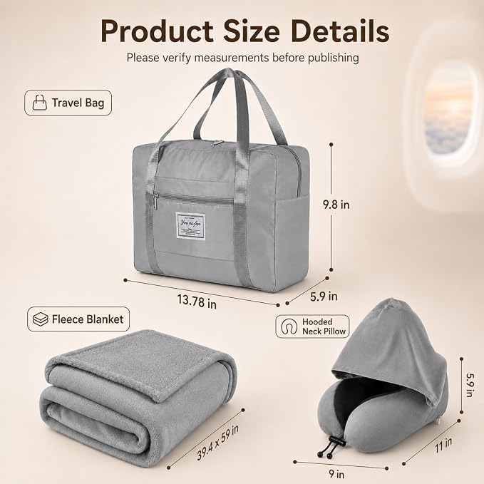 Travel Blanket and Pillow Set - Hooded Neck Pillow Airplane Essentials Grey | Memory Foam, Sleep Mask, Earplugs, Foldable Duffel Bag Soft Comfort for Long Plane Flight Traveling Car Road Trip Flying - Image 2