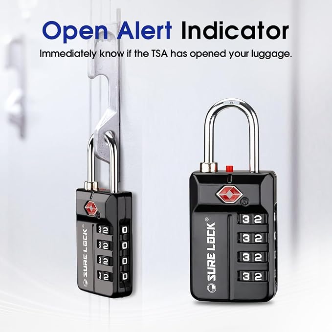 SURE LOCK TSA Approved 4-Digit Resettable Combination Luggage Locks with Open Alert, Easy-Read Dials - for Luggage, School Lockers, Gym, Office, Toolbox & Security Cases (Black 2 Pack) - Image 8