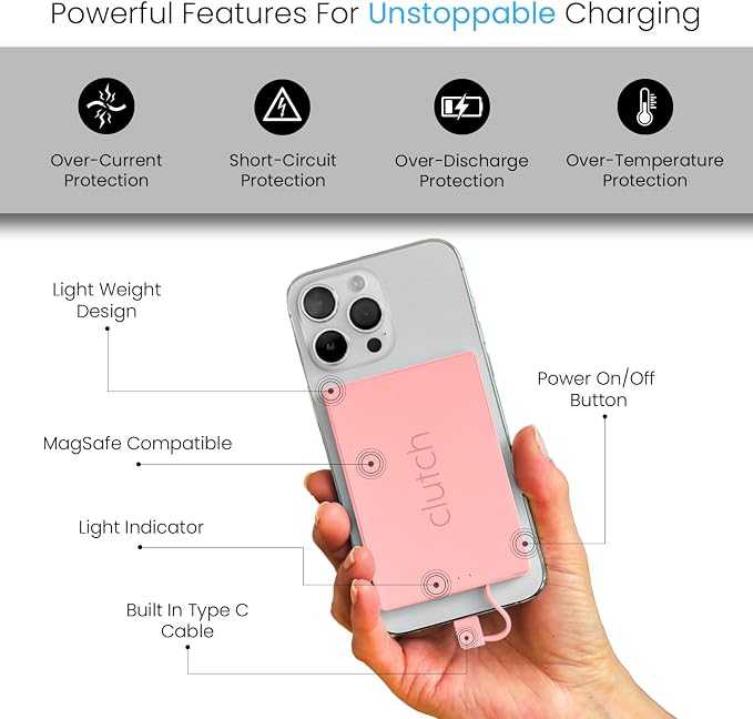 Clutch Pro – World's Thinnest Portable Charger – USB-C Power Bank 5000mAh – Magnetic Built-in Cable – TSA Approved Travel Charger – iPhone 15/16/17 & Android – Pink - Image 4