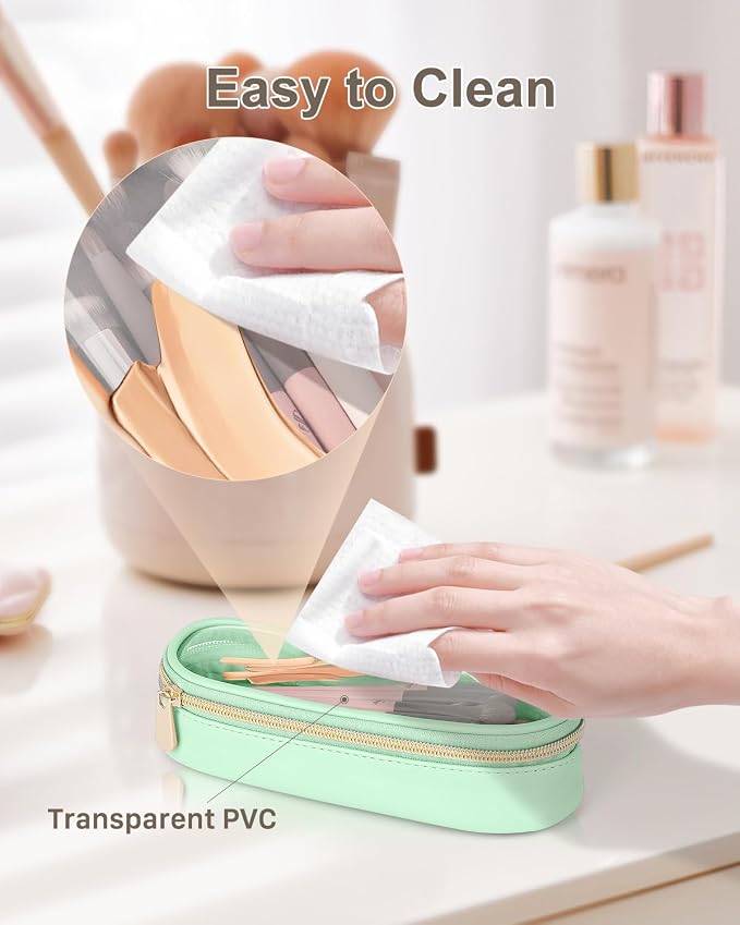 Soimeat Clear Travel Makeup Brush Holder, Leather Makeup Brush Toiletry Bag, Portable Cosmetic Brush Case, Transparent Waterproof Makeup Brush Storage Bag, Mint Green - Image 4