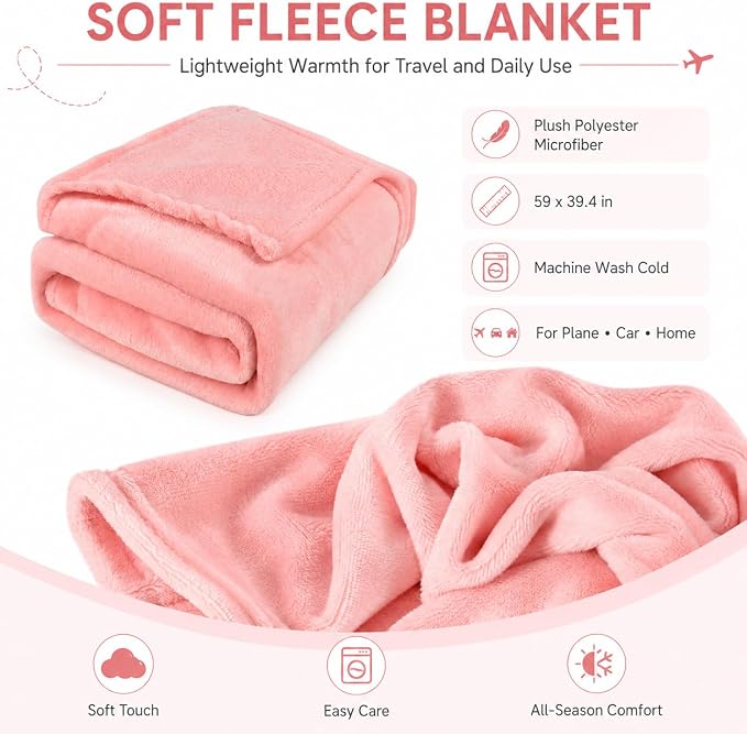 Travel Blanket and Pillow Set - Hooded Neck Pillow Airplane Essentials Pink | Memory Foam, Sleep Mask, Earplugs, Foldable Duffel Bag Soft Comfort for Long Plane Flight Traveling Car Road Trip Flying - Image 4