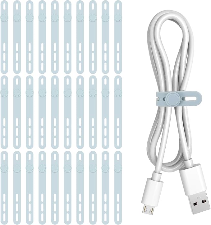 Donruby 30Pcs Silicone Cable Ties - Reusable & Washable with Adjustable Locking Buckles, High Elasticity Cable Management Straps for Home, Office, School, Travel Essential Cord Organizer (Blue) by Donruby