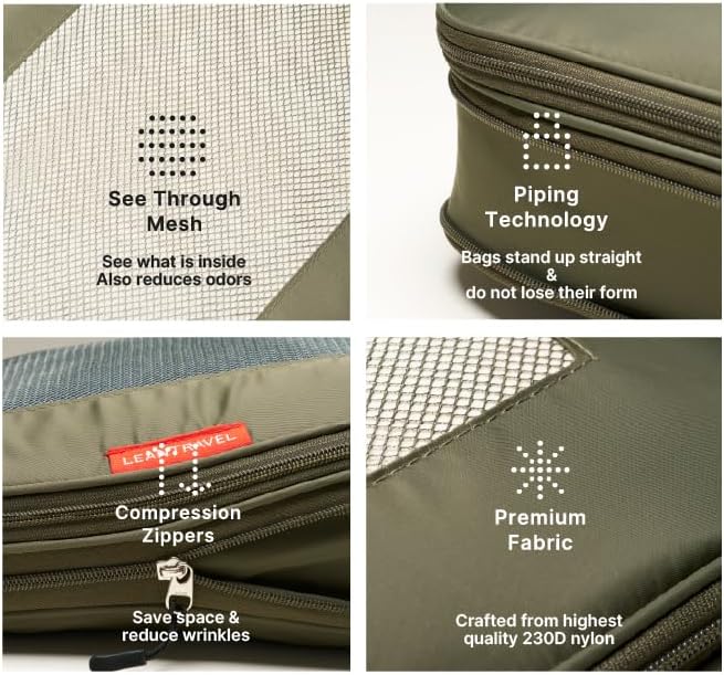 LeanTravel Premium Compression Packing Cubes for Travel - Suitcase Organizer Bags with Double Zipper & Breathable Mesh Panel - Space Saving Carry On Luggage Essentials (6-Pack, Olive Green) - Image 4