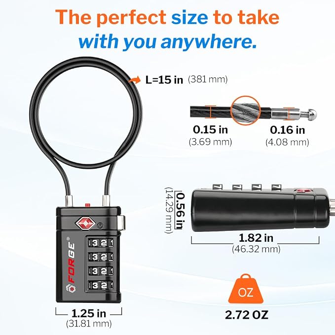 Forge TSA Approved Luggage Locks 4 Digit Combination TSA Travel Locks with TSA008, Open Alert Indicator, Zinc Alloy Body for Luggage, Suitcase, Backpack, and More. 1 15'' Cable Locks. - Image 3