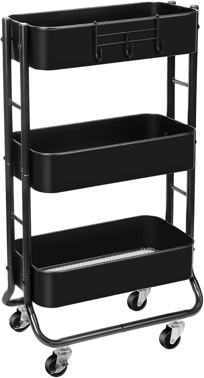 MAX Houser Slim 3-Tier Rolling Utility Cart with Extra Hook, Black | Narrow Metal Bathroom Storage Multifunctional Organizer Carts with Wheels with Extra Hook, Laundry Room,Kitchen,Small Space by MAXHouser