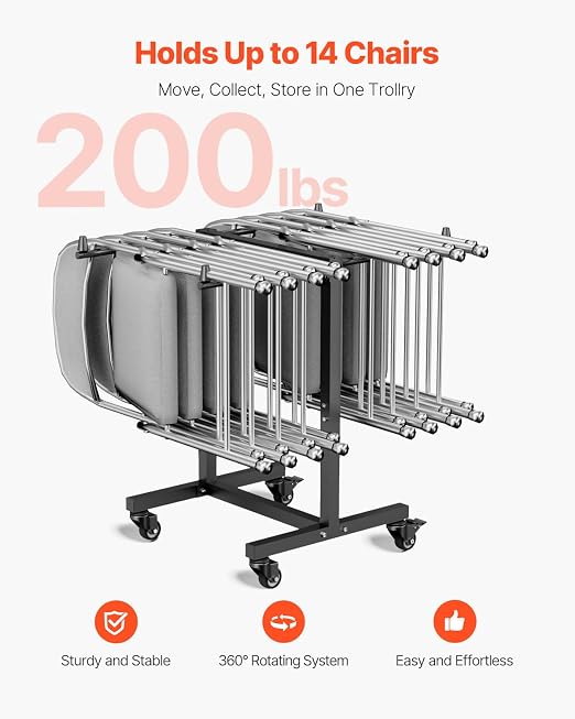 VEVOR Folding Chair Rack, 200 LBS Capacity, T-Shape Chair Cart for 14 Chairs, Heavy-Duty Metal Chair Storage Dolly with Rubber Wheels, Multi-Function Chair Holder for Party Event,Hotel, Matte Black - Image 2