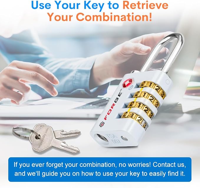 Forge Dual-Opening: Key or Combination Access Lock, TSA Approved Locks for Luggage, Pelican case, Travel, Gym, School, Stainless Steel Shackle. (White, 2 Pk) - Image 4