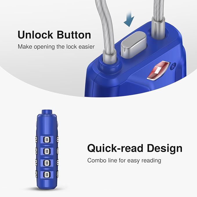 Puroma 2 Pack TSA Approved Luggage Locks 4 Digit Code Cable Lock Blue | Resettable, Flexible Cable, Zipper holes, Zinc Alloy, Bright Color, Large White Numbers, Suitcase Train Travel, laptop bag - Image 4