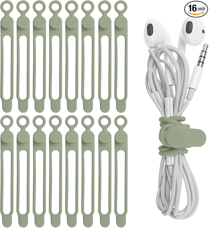Silicone Cable Ties, Cord Organizer Cable Management(16Pcs-Green) | Reusable Cord Ties for Electronics, Office Desk Accessories, Home Travel Essentials, Easy to Use, 4.2 Inch by ELECTRONICSORGANIZATION