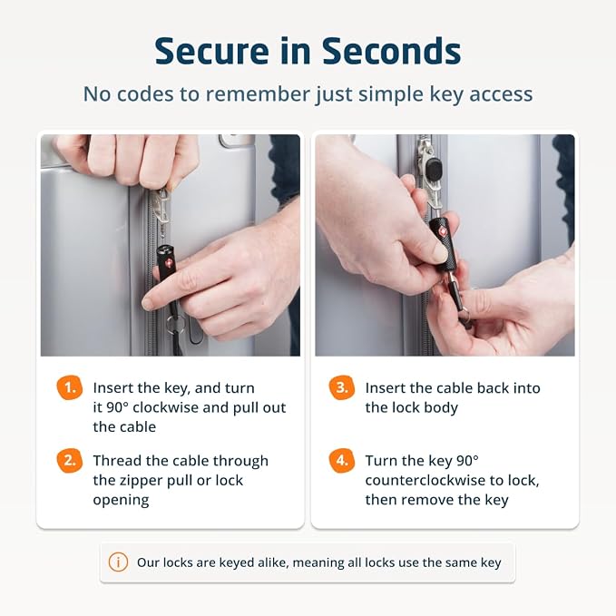 TSA Approved Locks for Luggage with Keys, Secure Travel Locks | Durable, Flexible Cable, Zinc Alloy Body, Easy to Use, Compact, for Suitcases, Backpacks, Cases, Zippers, 1-Pack, Black - Image 4