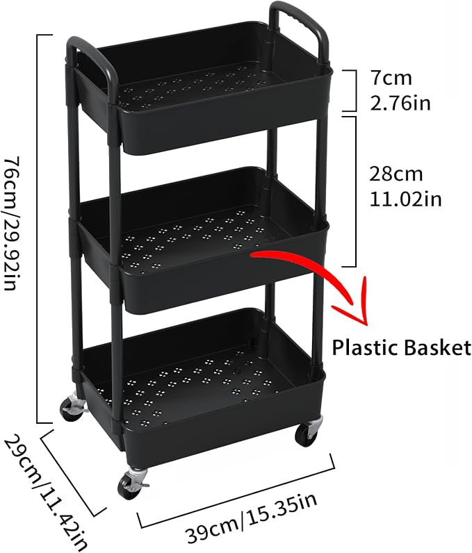Sywhitta 3-Tier Plastic Rolling Utility Cart with Wheels for Storage,Black | Multi-Functional Storage Trolley, for Office, Living Room, Kitchen, Bathroom,Movable Organizer,Space-Saving,Easy to assemble - Image 2