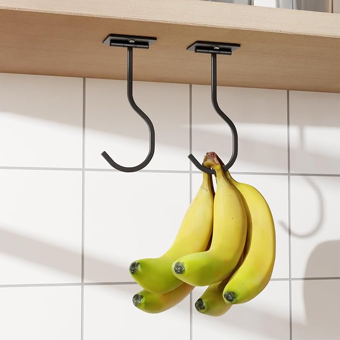 Adhesive Banana Hook Under Cabinet, Under Counter Banana Hanger, Black | Foldable Banana Hanger, Metal Banana Holder, Hold 20 Bananas, Space-Saving Design, Folding with Magnets When Not in Use - Image 8